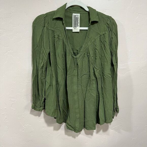 Free People Moss Green Collared Peasant Blouse - Picture 1 of 5
